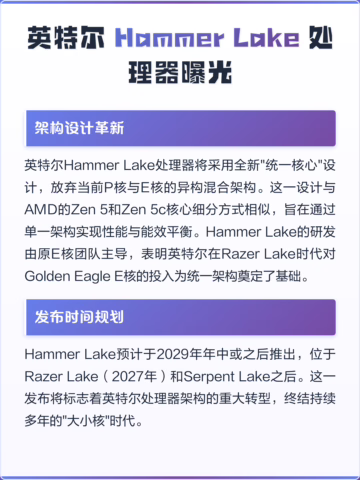 英特尔四代 CPU 曝光：Hammer Lake 将引入 Thunder Hawk 统一核心，超线程技术重装上阵