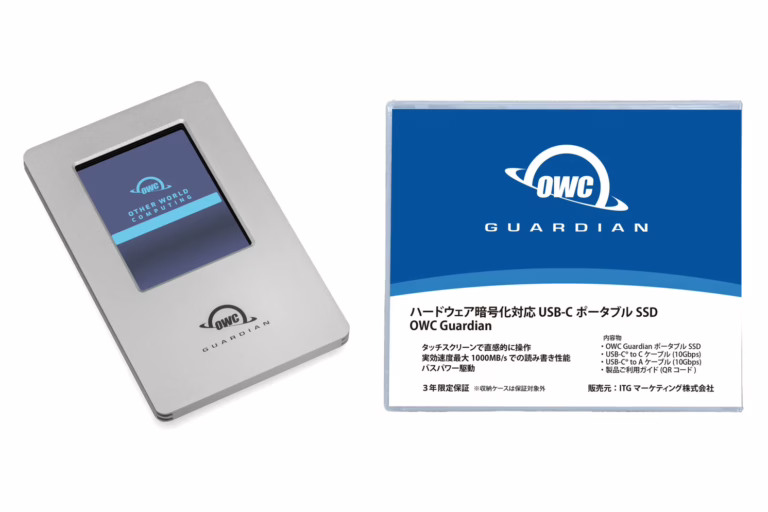 タッチスクリーン＆ハードウェア暗号化に対応したポータブルSSD「OWC Guardian」 本体のみでパスワード入力・ロック解除が可能